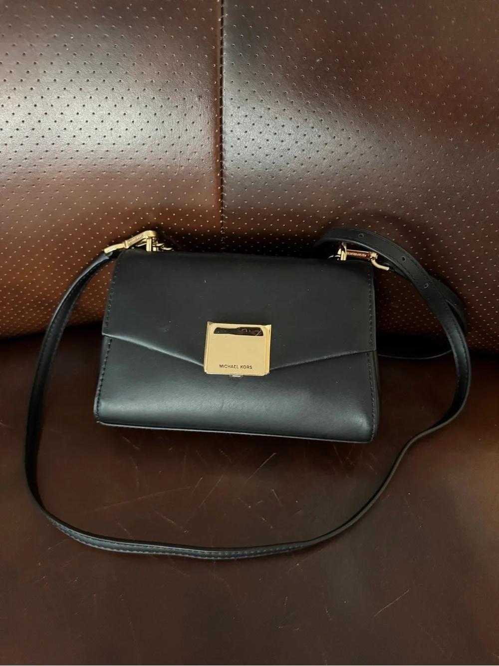 Michael Kors Black Leather Crossbody with Gold Plate